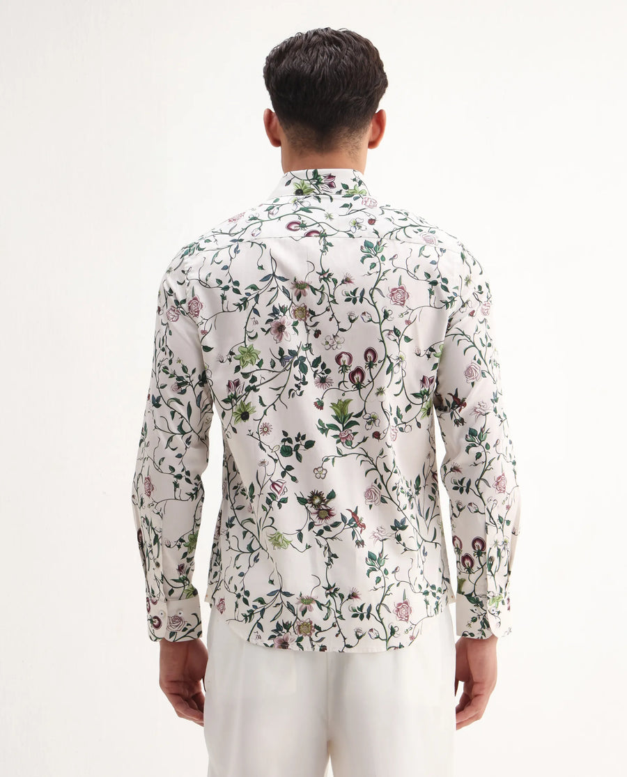 Rare Rabbit Men's Surn Off White Cotton Tropical Print Regular Fit Full Sleeve Collared Shirt
