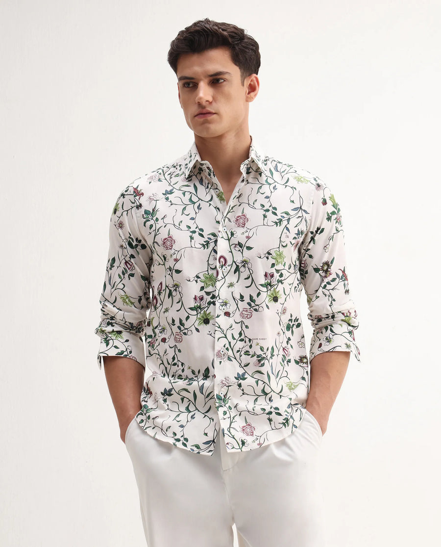 Rare Rabbit Men's Surn Off White Cotton Tropical Print Regular Fit Full Sleeve Collared Shirt