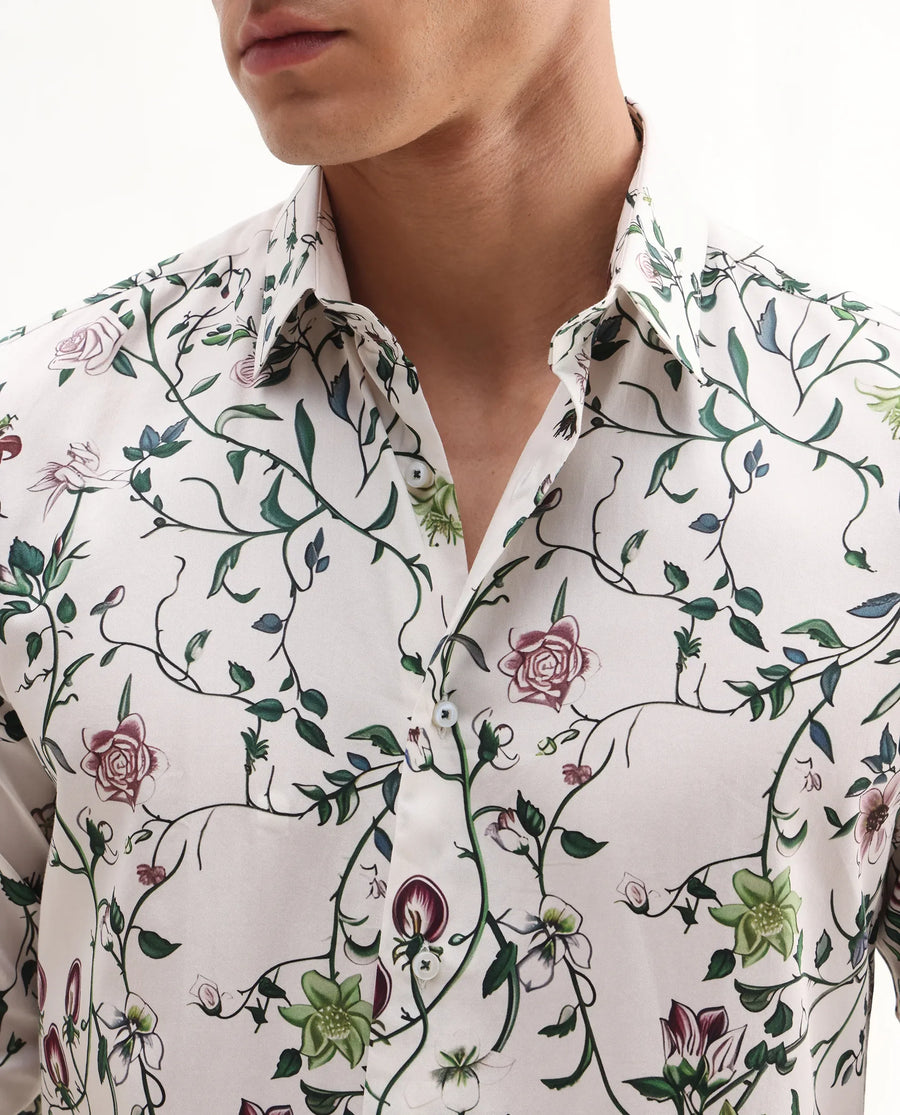 Rare Rabbit Men's Surn Off White Cotton Tropical Print Regular Fit Full Sleeve Collared Shirt