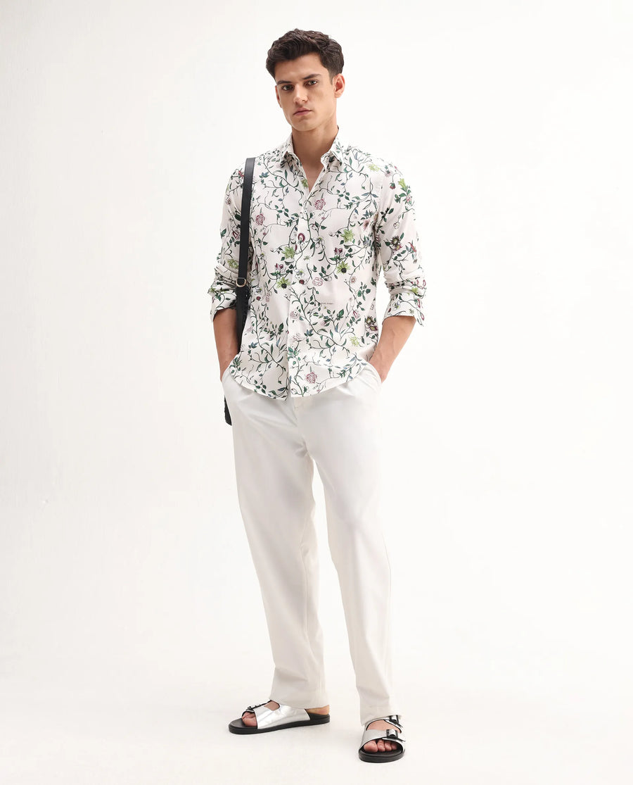 Rare Rabbit Men's Surn Off White Cotton Tropical Print Regular Fit Full Sleeve Collared Shirt