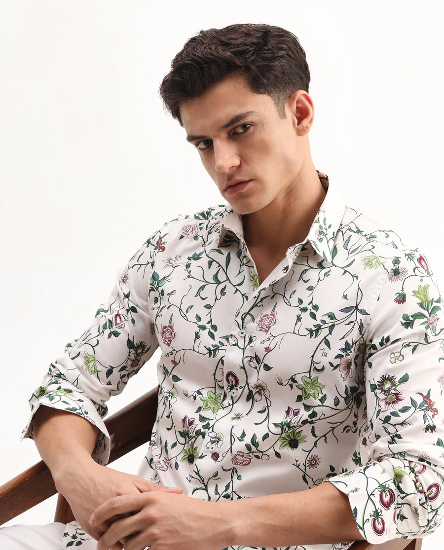 Rare Rabbit Men's Surn Off White Cotton Tropical Print Regular Fit Full Sleeve Collared Shirt