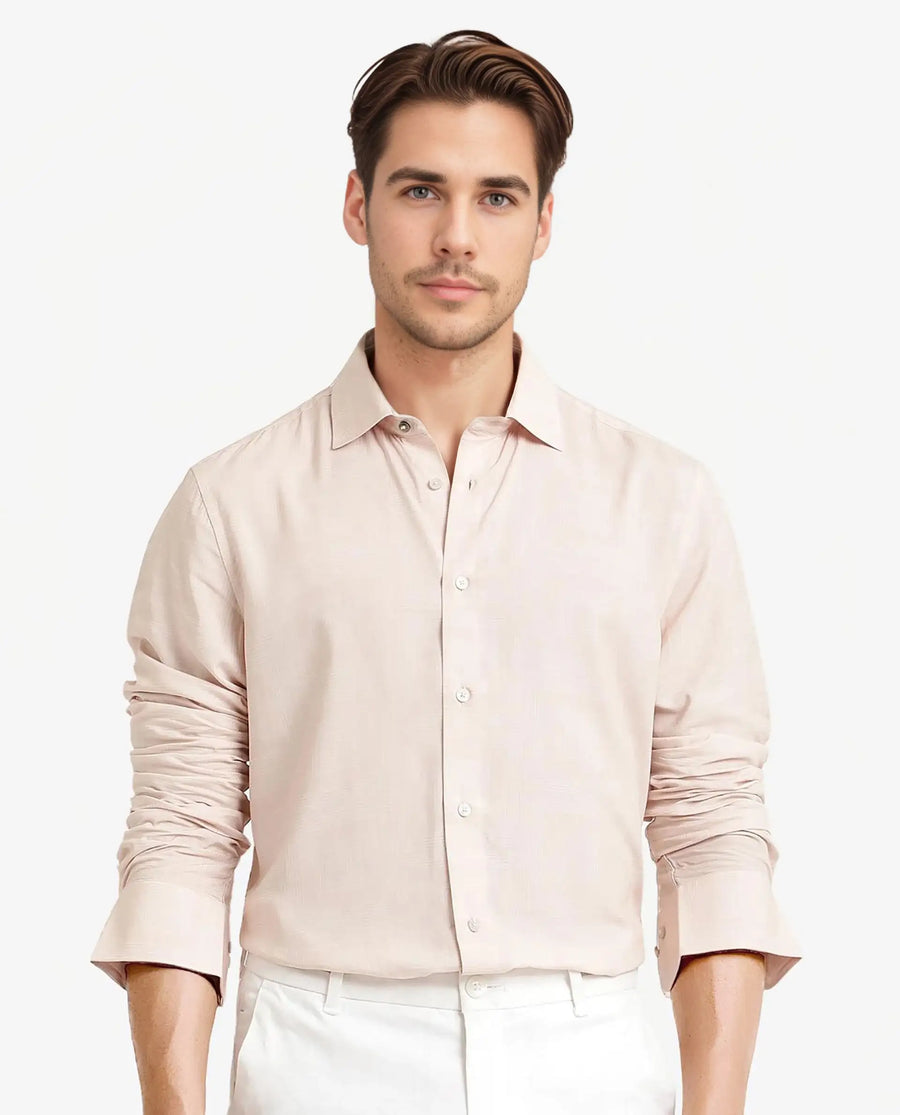 Rare Rabbit Men's Swift Beige Viscose Geometric Print Regular Fit Full Sleeve Collared Shirt