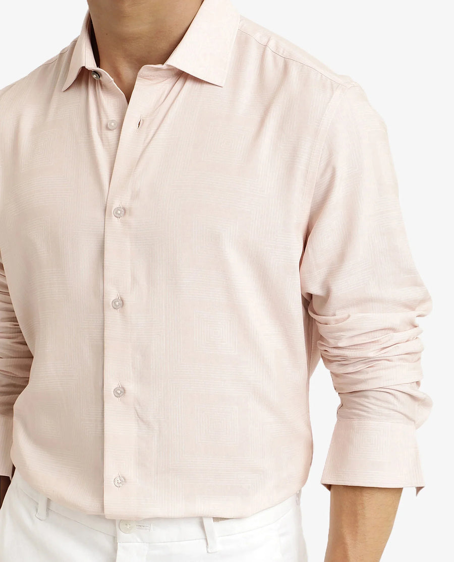 Rare Rabbit Men's Swift Beige Viscose Geometric Print Regular Fit Full Sleeve Collared Shirt