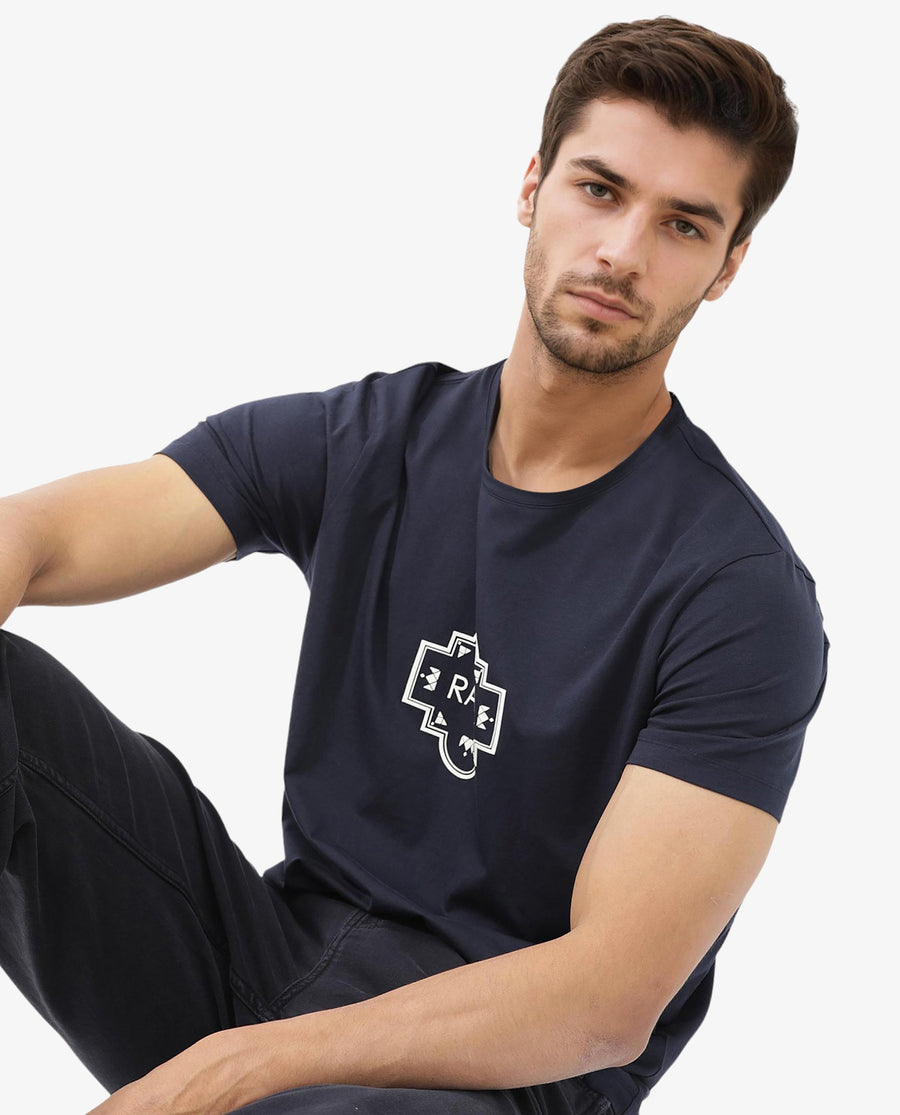 Rare Rabbit Men's Syrus Navy Cotton Blend Graphic Print Regular Fit Half Sleeve Crew Neck T-Shirt