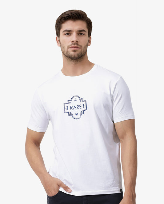 Rare Rabbit Men's Syrus White Cotton Blend Graphic Print Regular Fit Half Sleeve Crew Neck T-Shirt