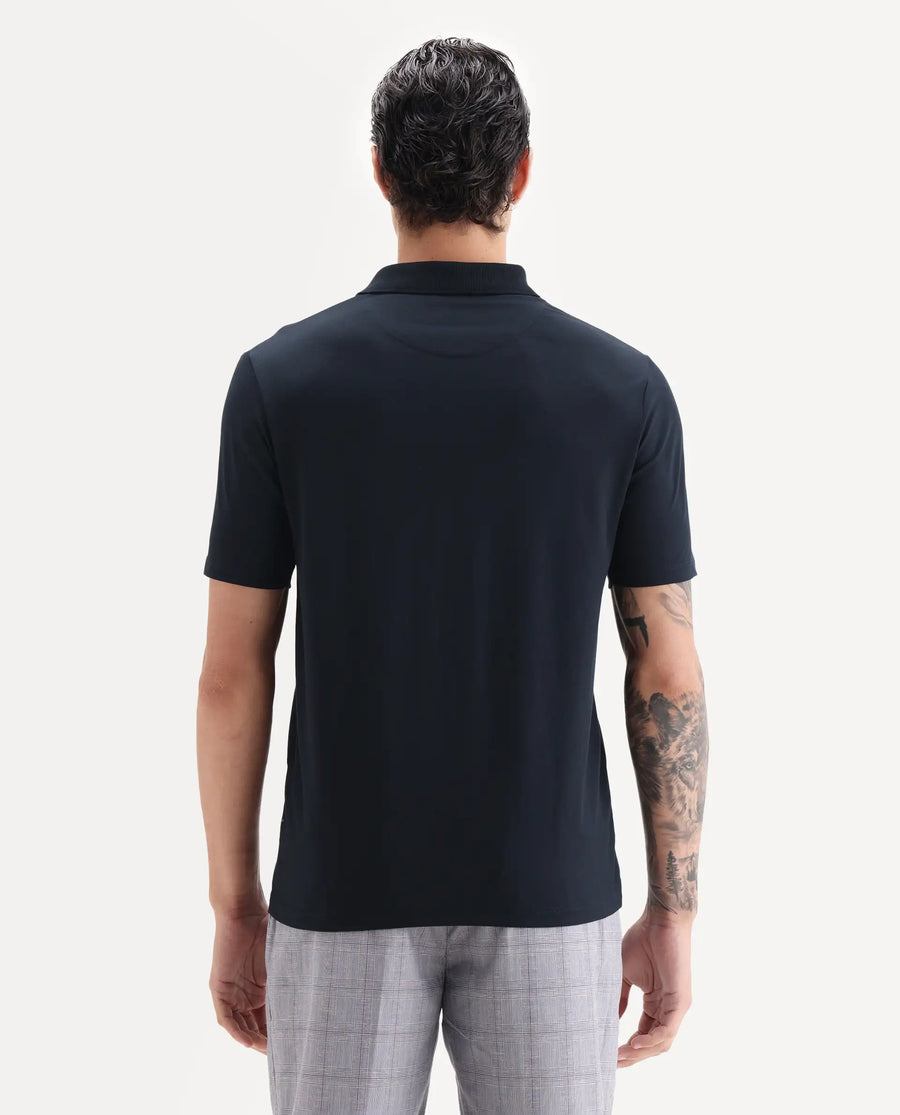Rare Rabbit Men's Tang-1 Navy Cotton Plain Regular Fit Half Sleeve Polo