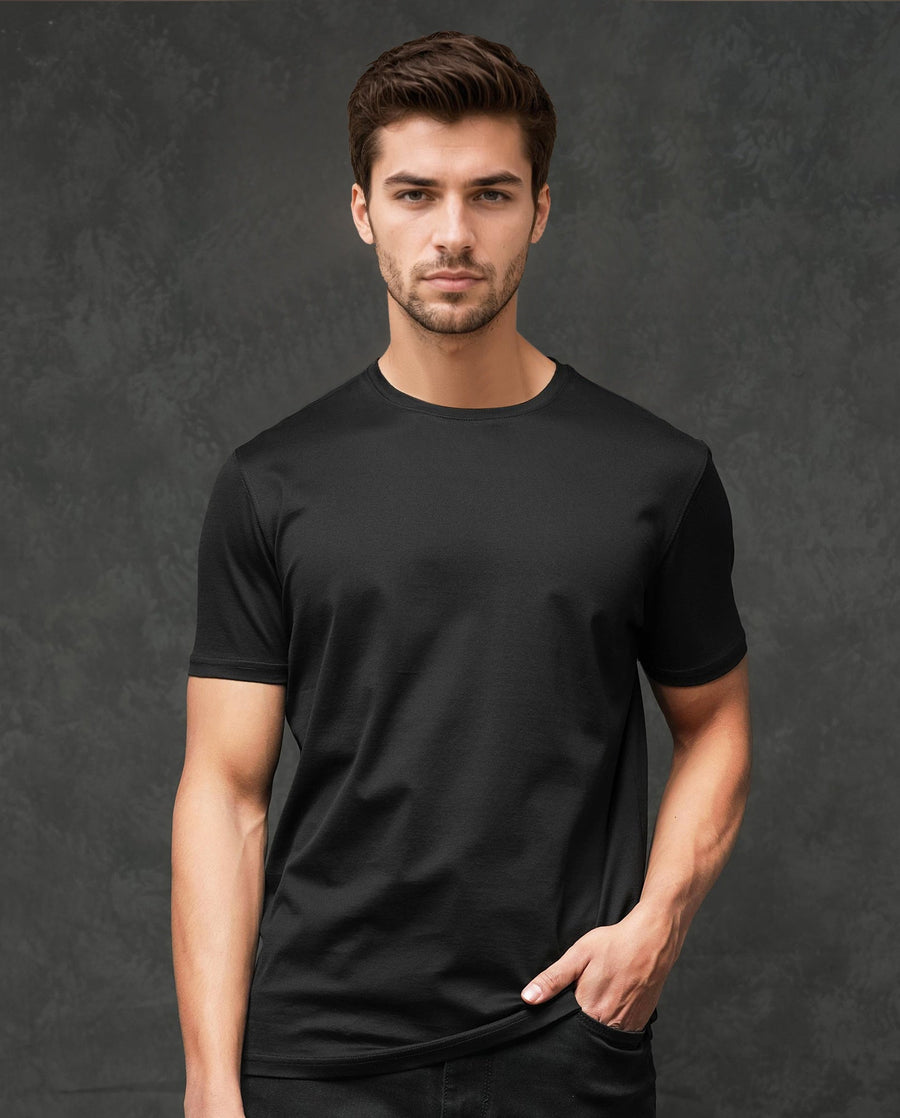 Rare Rabbit Men's Tangos Black Cotton Plain Regular Fit Half Sleeve Crew Neck T-Shirt