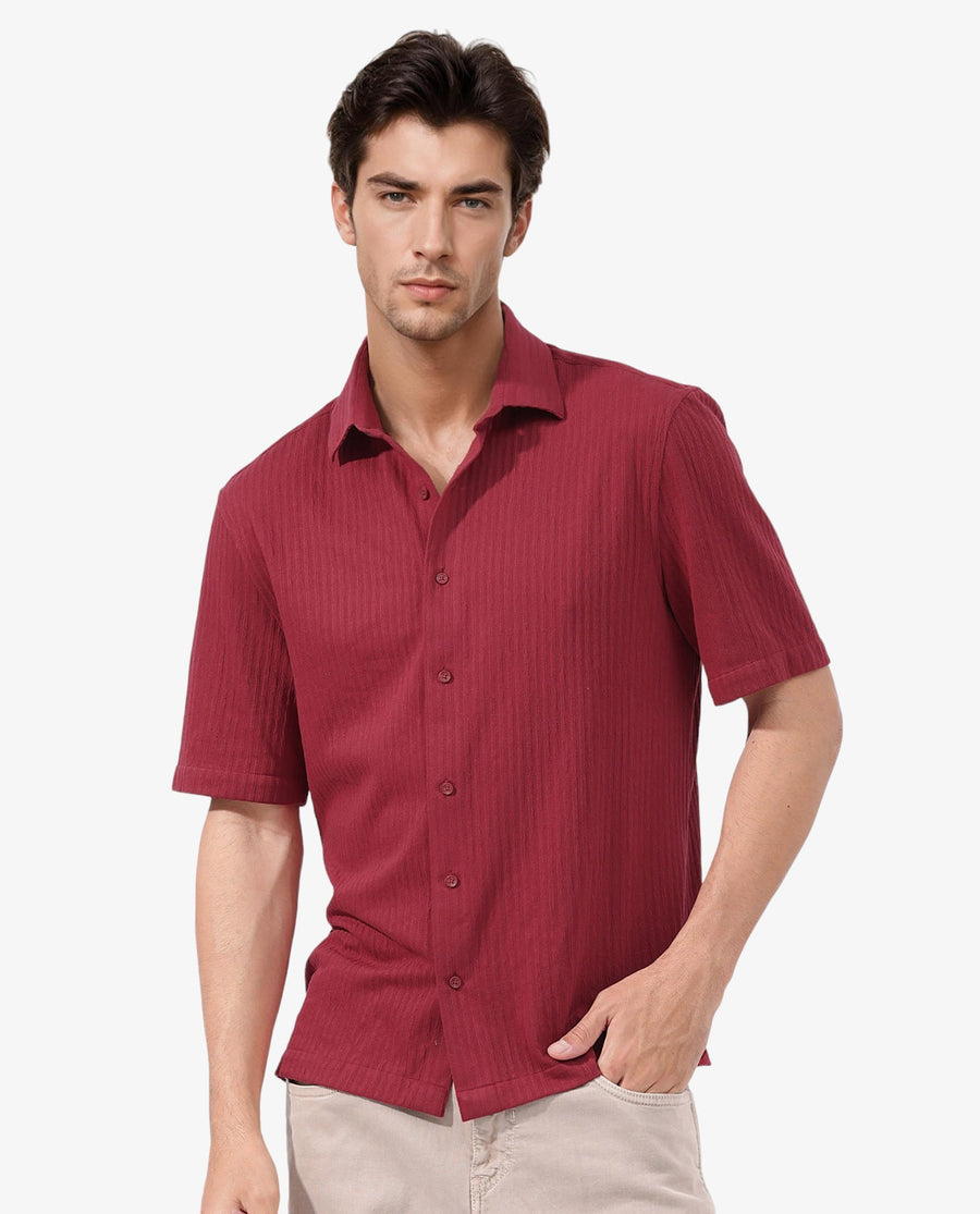 Rare Rabbit Men's Tano Red Cotton Blend Textured Boxy Fit Half Sleeve Collared Shirt