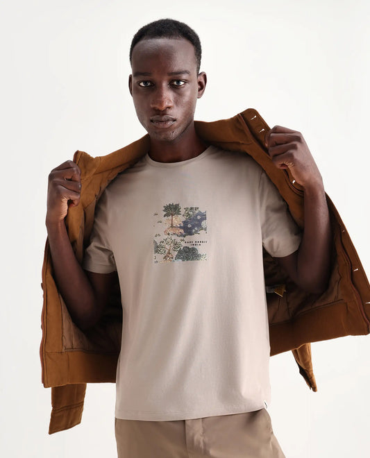 Rare Rabbit Men's Tanz Dark Beige Cotton Blend Graphic Print Regular Fit Half Sleeve Crew Neck T-Shirt