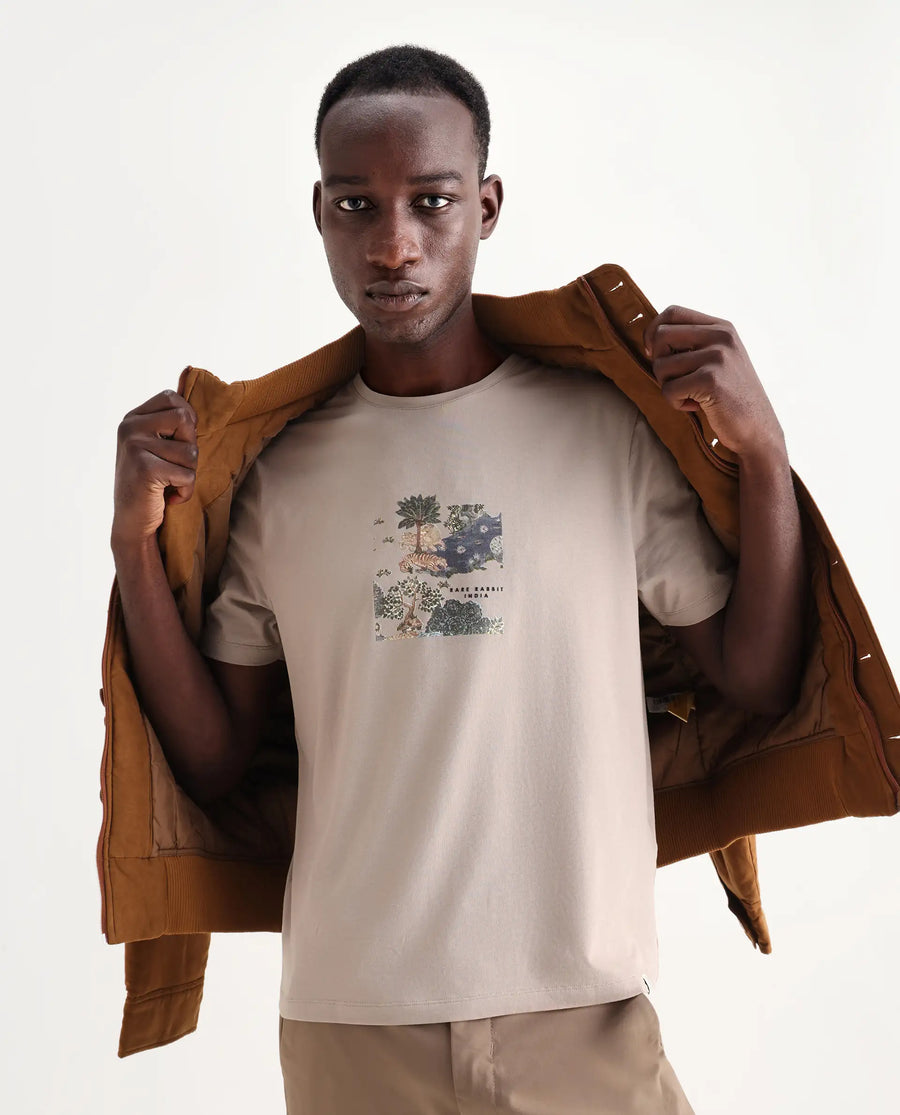 Rare Rabbit Men's Tanz Dark Beige Cotton Blend Graphic Print Regular Fit Half Sleeve Crew Neck T-Shirt