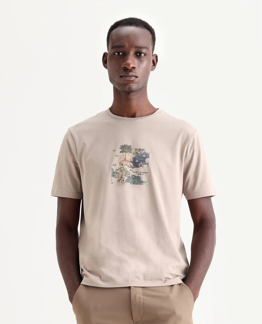 Rare Rabbit Men's Tanz Dark Beige Cotton Blend Graphic Print Regular Fit Half Sleeve Crew Neck T-Shirt