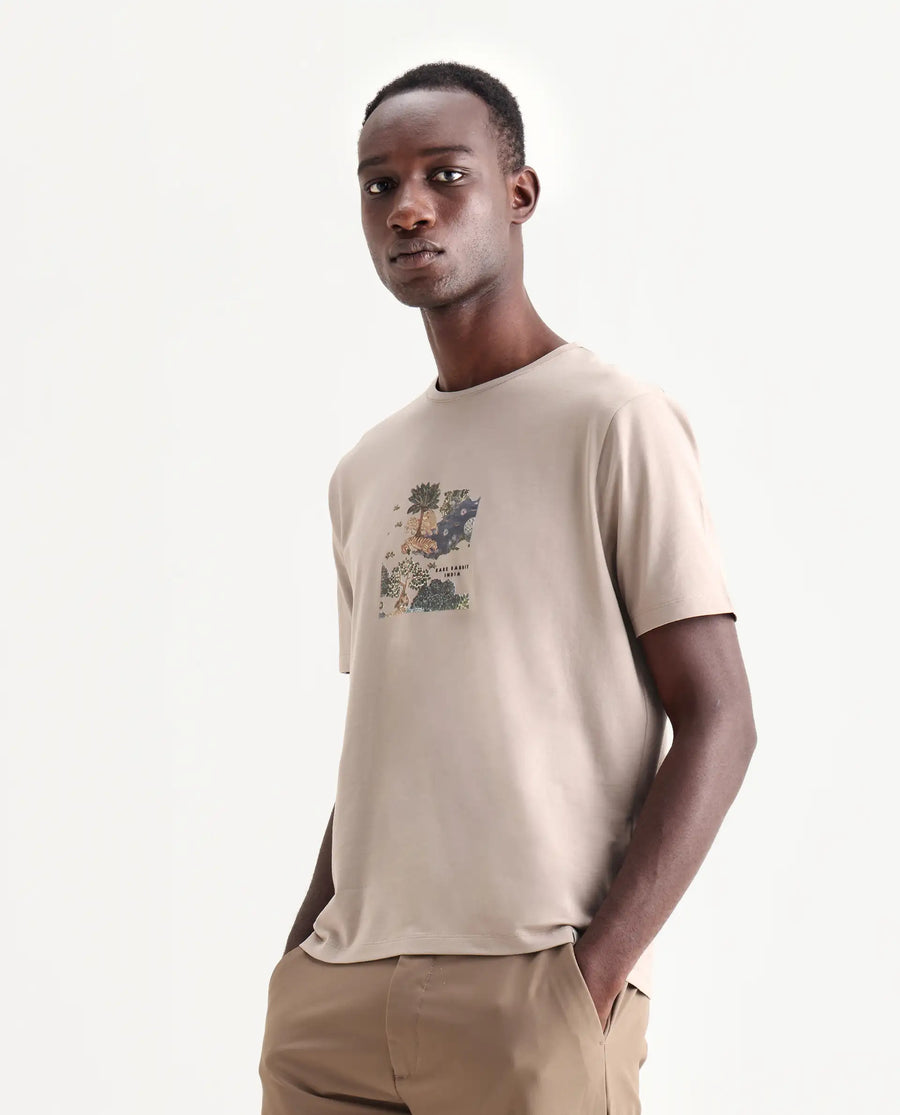 Rare Rabbit Men's Tanz Dark Beige Cotton Blend Graphic Print Regular Fit Half Sleeve Crew Neck T-Shirt