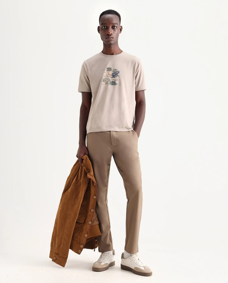 Rare Rabbit Men's Tanz Dark Beige Cotton Blend Graphic Print Regular Fit Half Sleeve Crew Neck T-Shirt