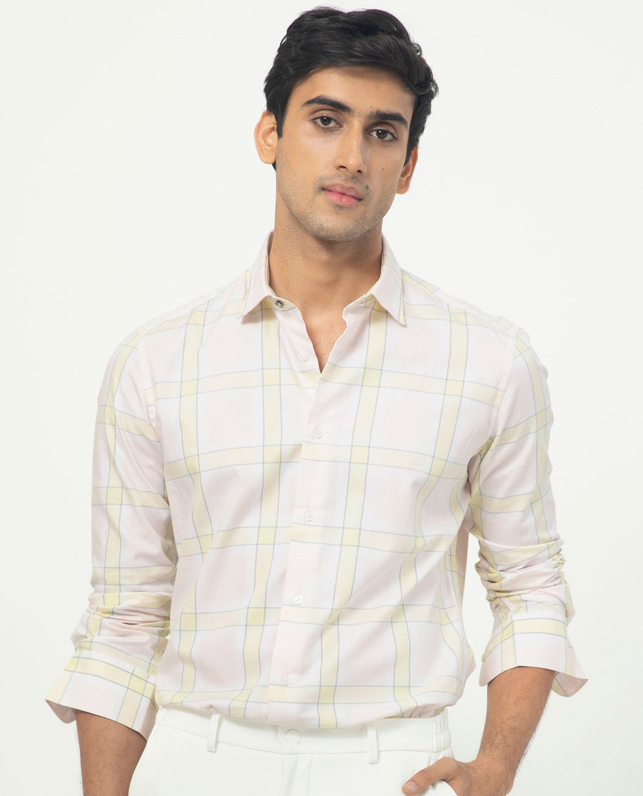 Rare Rabbit Men's Tarkin Light Pink Cotton Checked Print Regular Fit Full Sleeve Collared Shirt