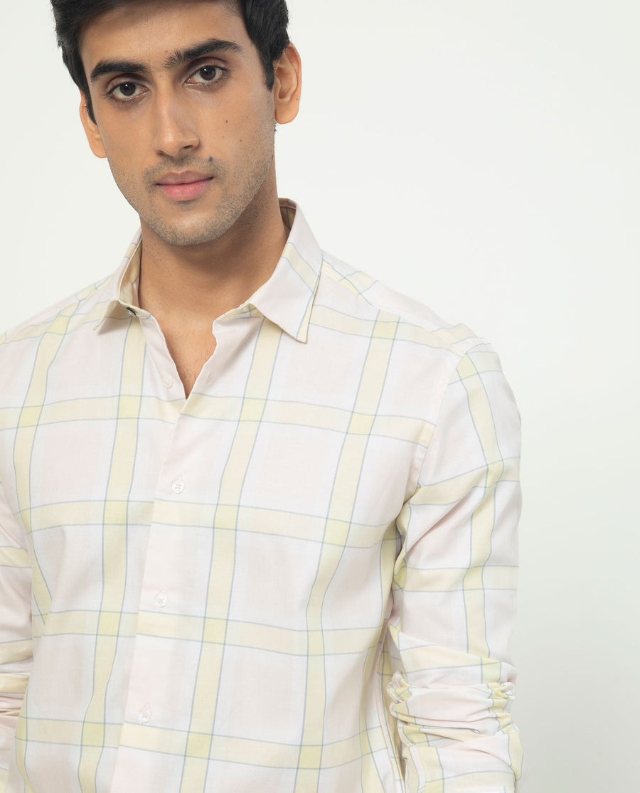 Rare Rabbit Men's Tarkin Light Pink Cotton Checked Print Regular Fit Full Sleeve Collared Shirt