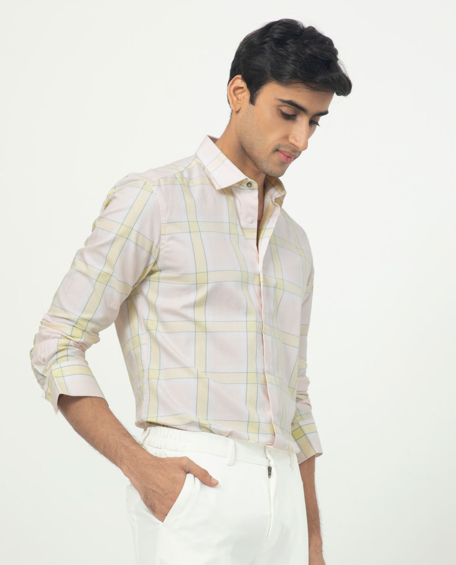 Rare Rabbit Men's Tarkin Light Pink Cotton Checked Print Regular Fit Full Sleeve Collared Shirt