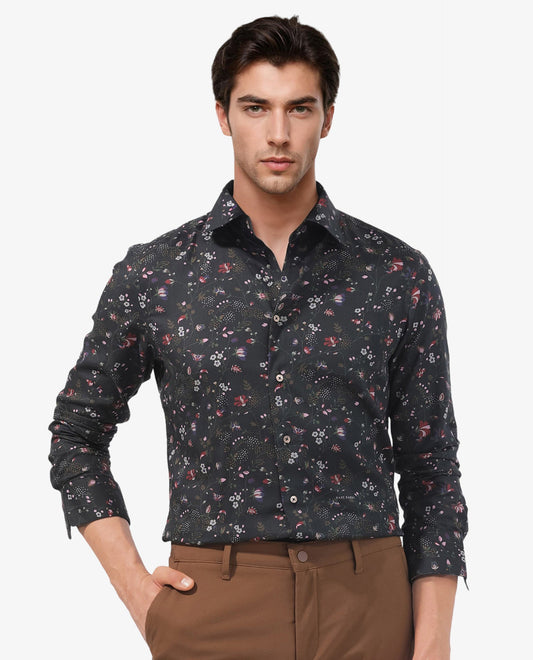 Rare Rabbit Men's Teleux Black Cotton Floral Print Tailored Fit Full Sleeve Collared Shirt