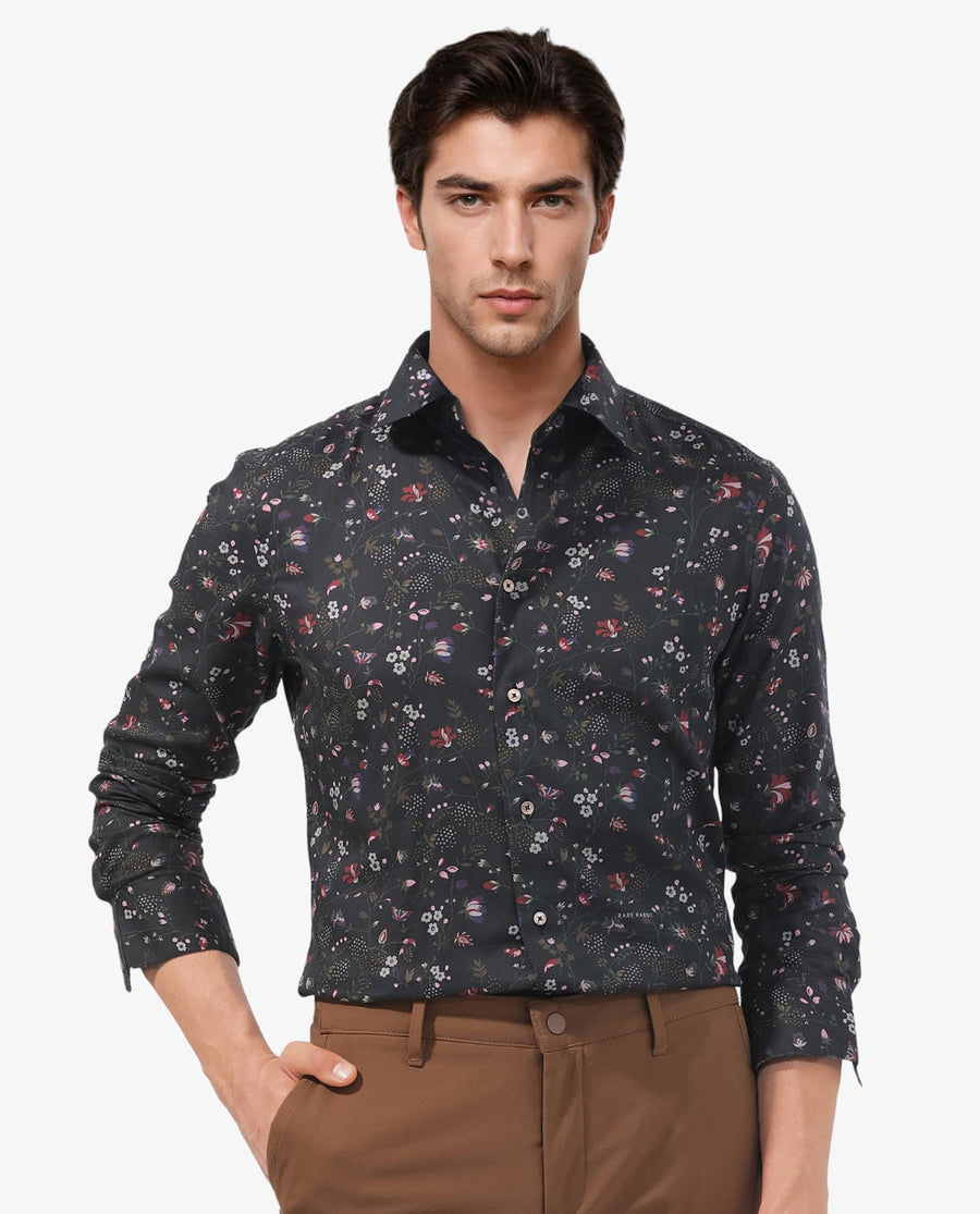 Rare Rabbit Men's Teleux Black Cotton Floral Print Tailored Fit Full Sleeve Collared Shirt