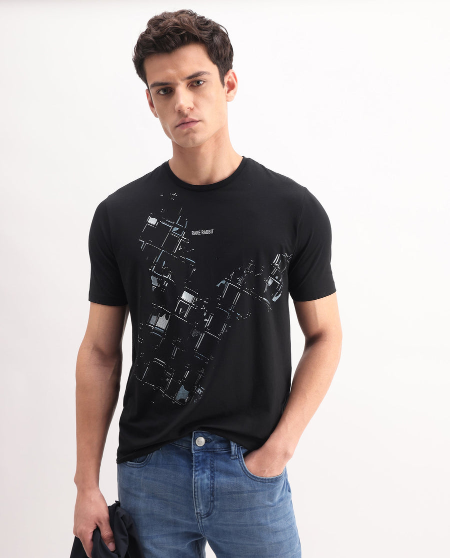 Rare Rabbit Men's Tene Black Cotton Blend Graphic Print Regular Fit Half Sleeve Crew Neck T-Shirt