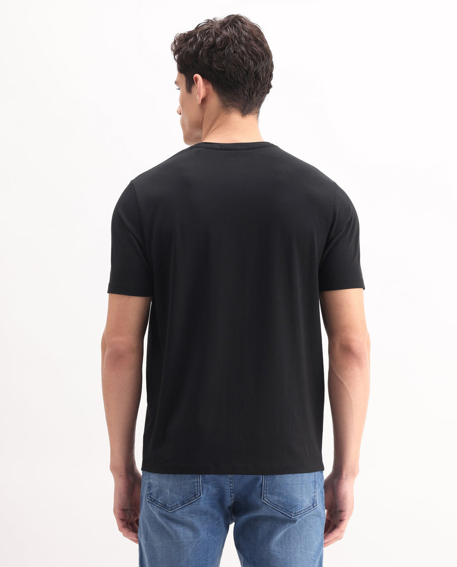 Rare Rabbit Men's Tene Black Cotton Blend Graphic Print Regular Fit Half Sleeve Crew Neck T-Shirt