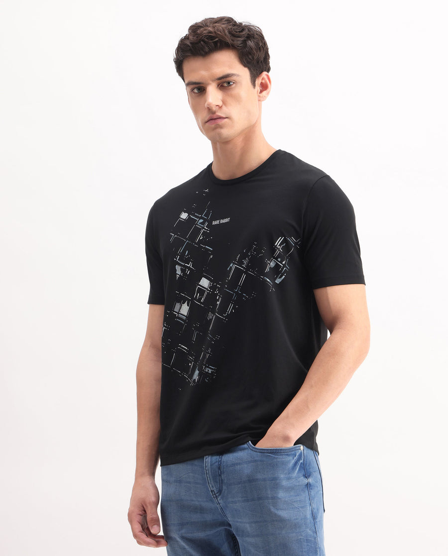 Rare Rabbit Men's Tene Black Cotton Blend Graphic Print Regular Fit Half Sleeve Crew Neck T-Shirt