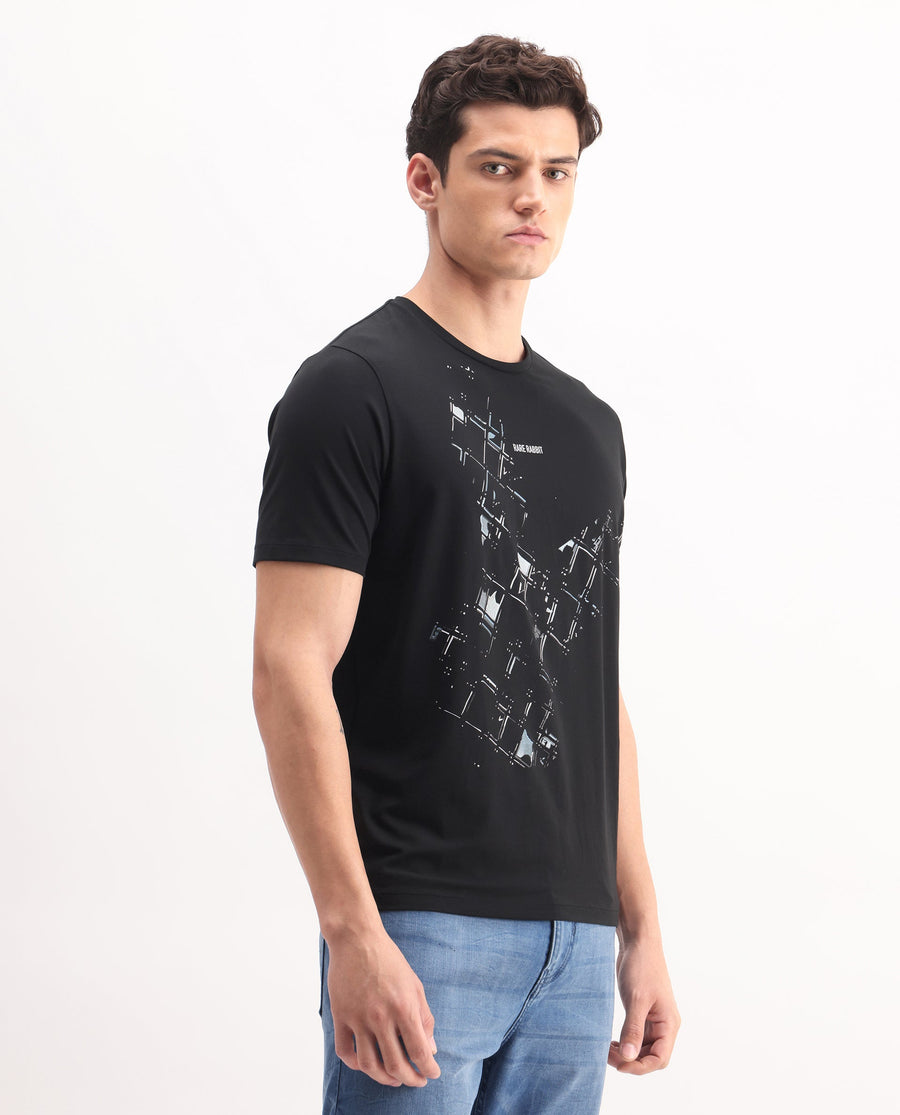 Rare Rabbit Men's Tene Black Cotton Blend Graphic Print Regular Fit Half Sleeve Crew Neck T-Shirt