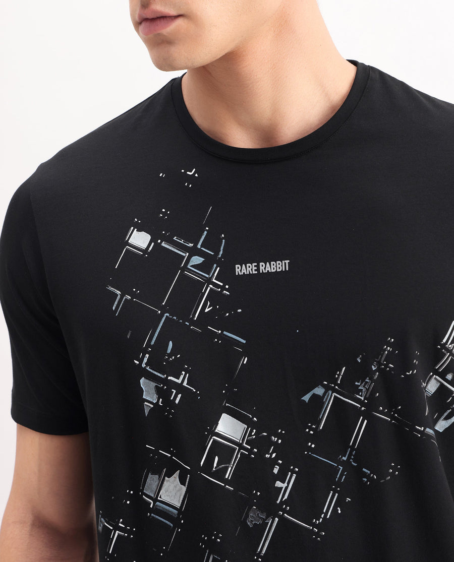 Rare Rabbit Men's Tene Black Cotton Blend Graphic Print Regular Fit Half Sleeve Crew Neck T-Shirt
