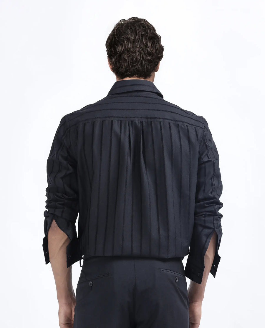 Rare Rabbit Men's Tener Black Cotton Blend Striped Print Regular Fit Full Sleeve Collared Shirt