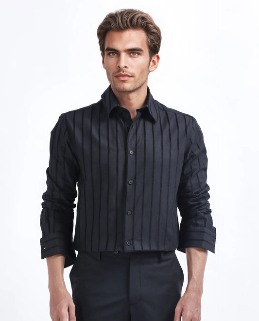 Rare Rabbit Men's Tener Black Cotton Blend Striped Print Regular Fit Full Sleeve Collared Shirt