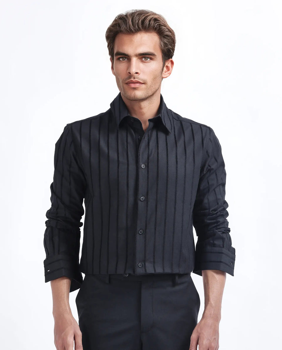 Rare Rabbit Men's Tener Black Cotton Blend Striped Print Regular Fit Full Sleeve Collared Shirt