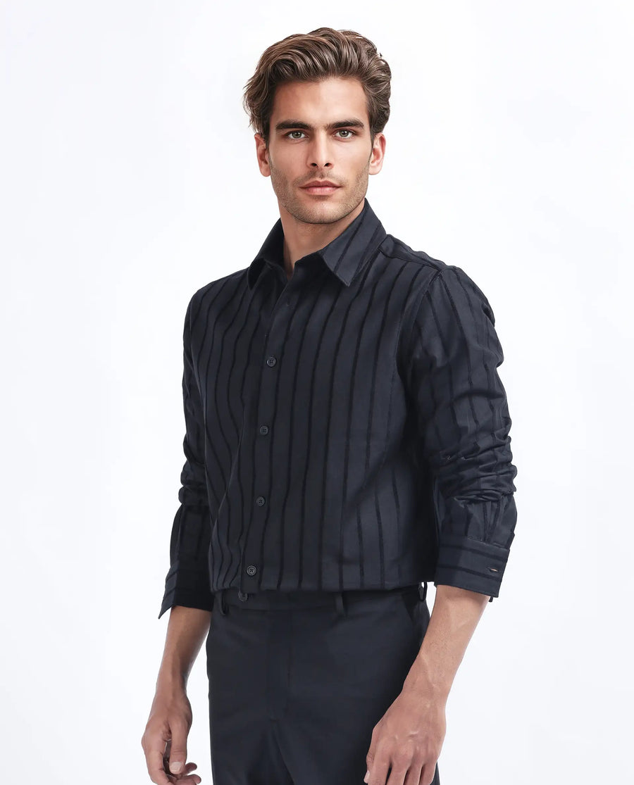 Rare Rabbit Men's Tener Black Cotton Blend Striped Print Regular Fit Full Sleeve Collared Shirt
