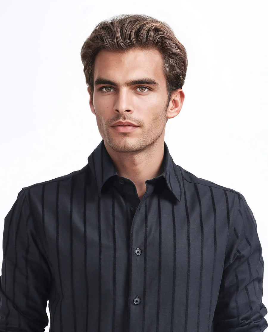 Rare Rabbit Men's Tener Black Cotton Blend Striped Print Regular Fit Full Sleeve Collared Shirt