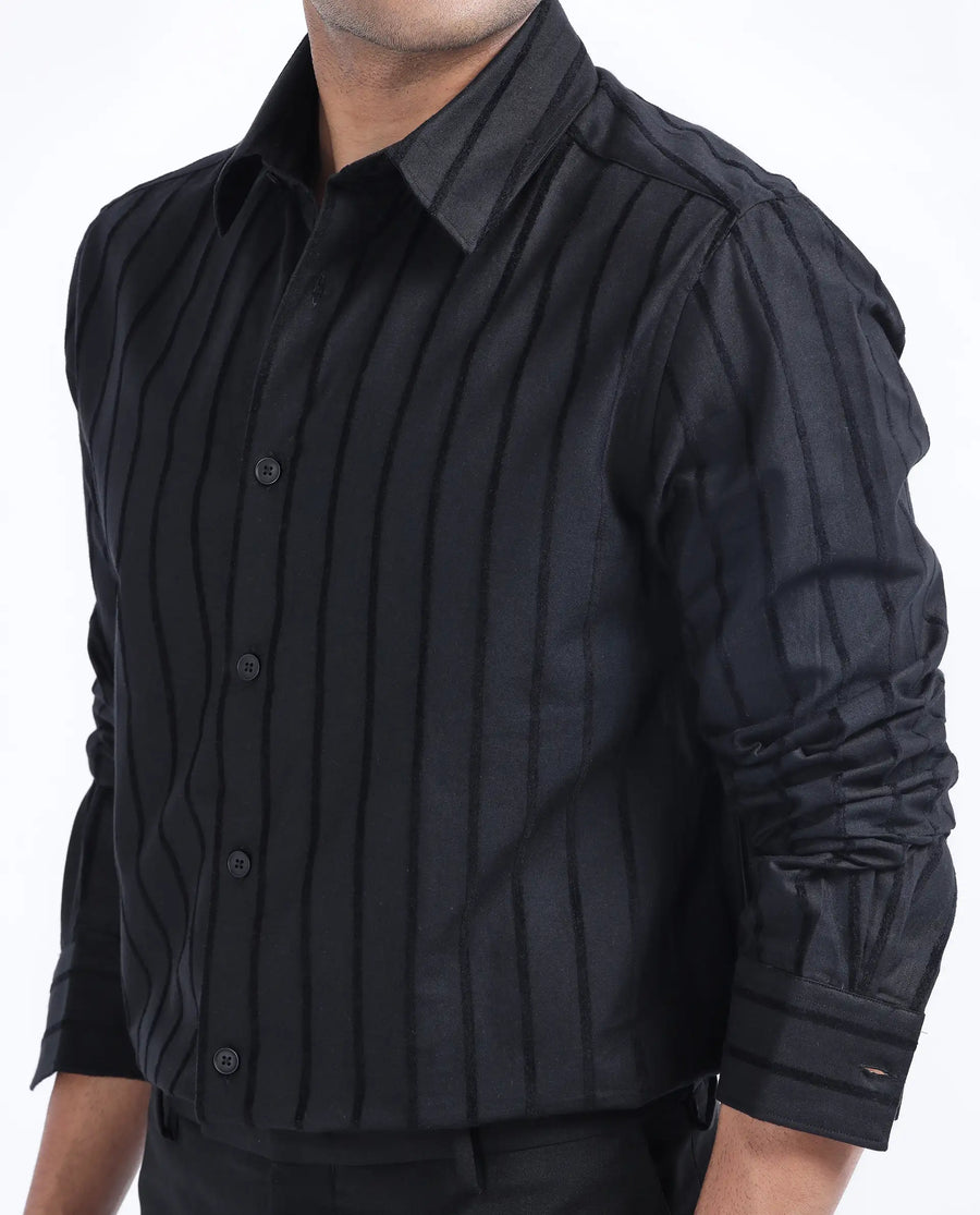 Rare Rabbit Men's Tener Black Cotton Blend Striped Print Regular Fit Full Sleeve Collared Shirt