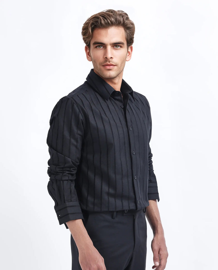 Rare Rabbit Men's Tener Black Cotton Blend Striped Print Regular Fit Full Sleeve Collared Shirt
