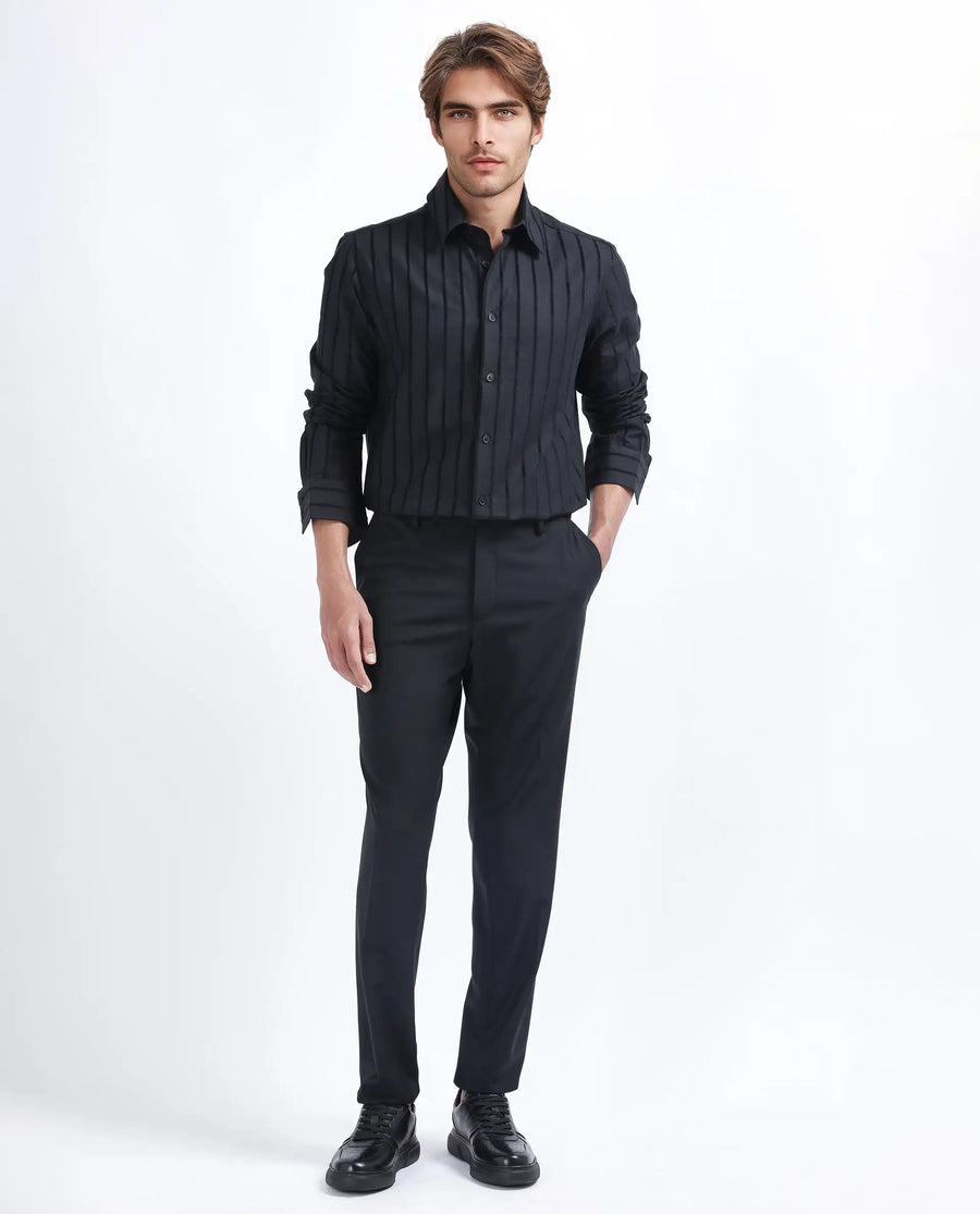 Rare Rabbit Men's Tener Black Cotton Blend Striped Print Regular Fit Full Sleeve Collared Shirt