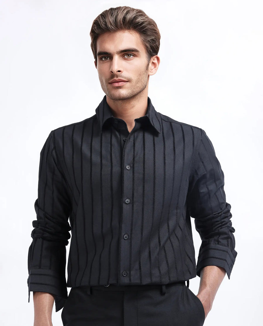 Rare Rabbit Men's Tener Black Cotton Blend Striped Print Regular Fit Full Sleeve Collared Shirt