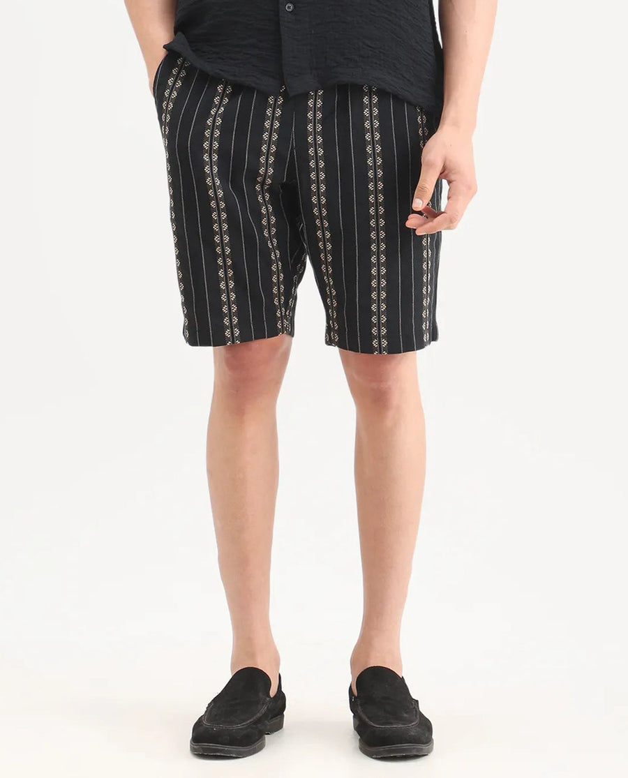 Rare Rabbit Men's Tex Black Cotton Fabric Regular Fit Jacquard Shorts