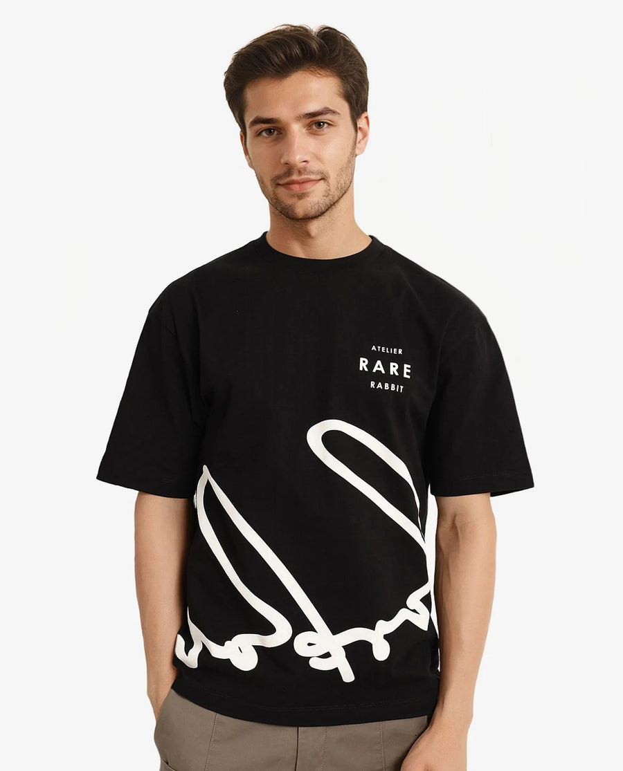 Rare Rabbit Men's Ther Black Cotton Graphic Print Oversized Fit Half Sleeve Crew Neck T-Shirt