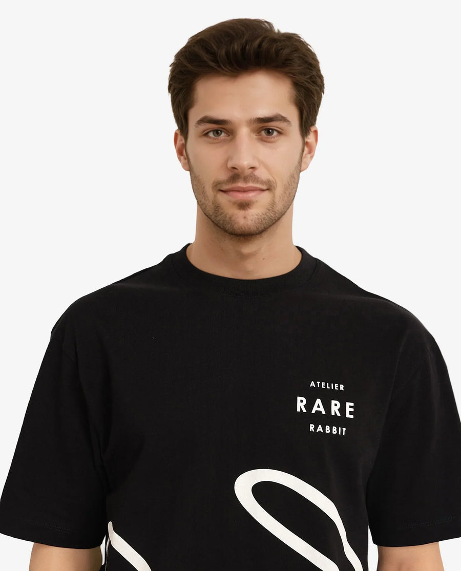 Rare Rabbit Men's Ther Black Cotton Graphic Print Oversized Fit Half Sleeve Crew Neck T-Shirt
