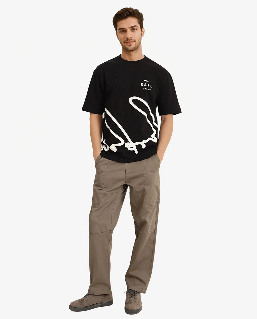 Rare Rabbit Men's Ther Black Cotton Graphic Print Oversized Fit Half Sleeve Crew Neck T-Shirt