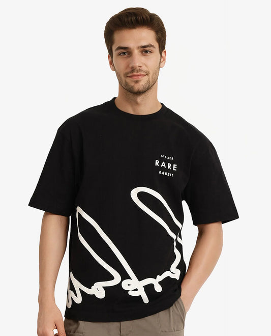 Rare Rabbit Men's Ther Black Cotton Graphic Print Oversized Fit Half Sleeve Crew Neck T-Shirt