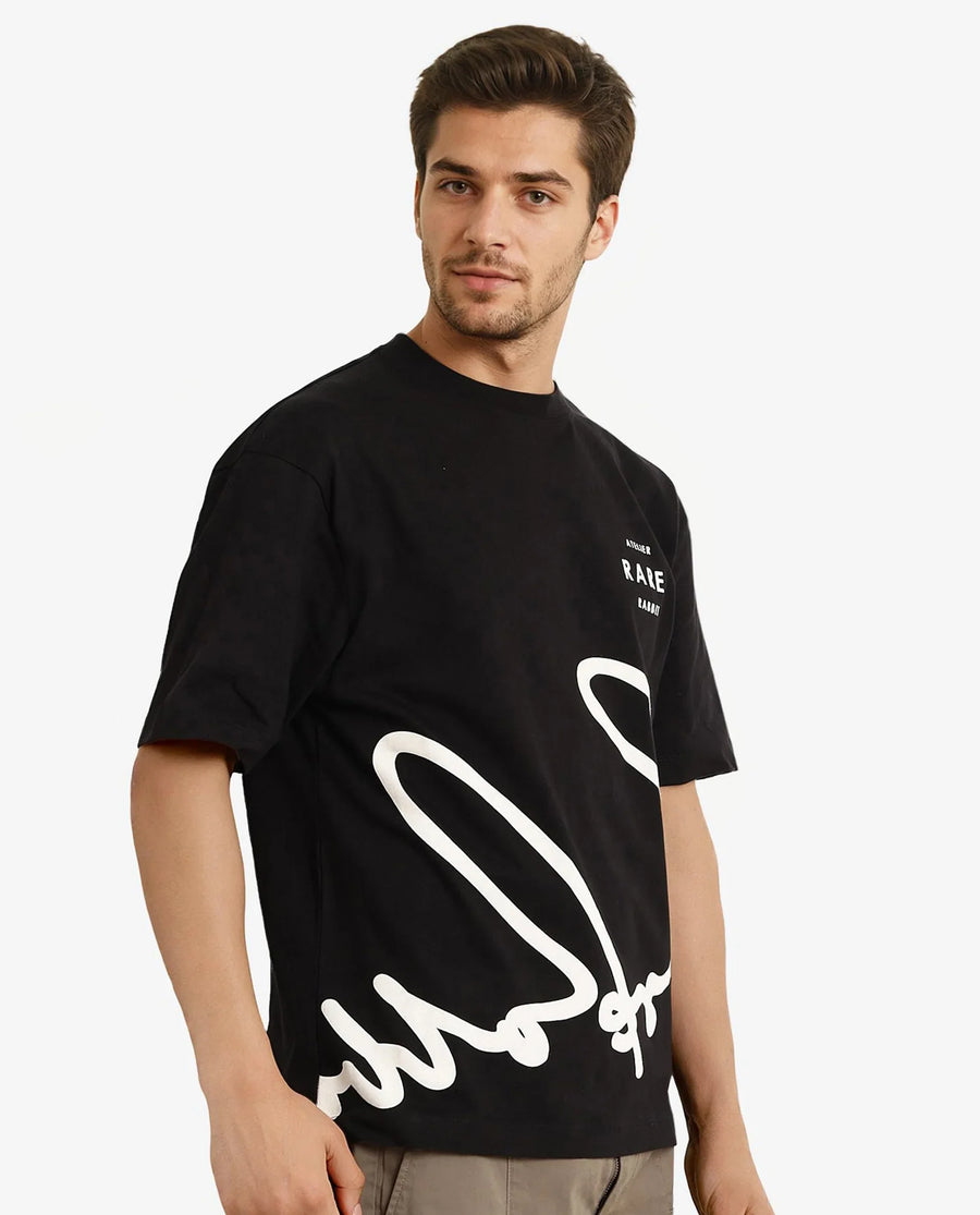 Rare Rabbit Men's Ther Black Cotton Graphic Print Oversized Fit Half Sleeve Crew Neck T-Shirt