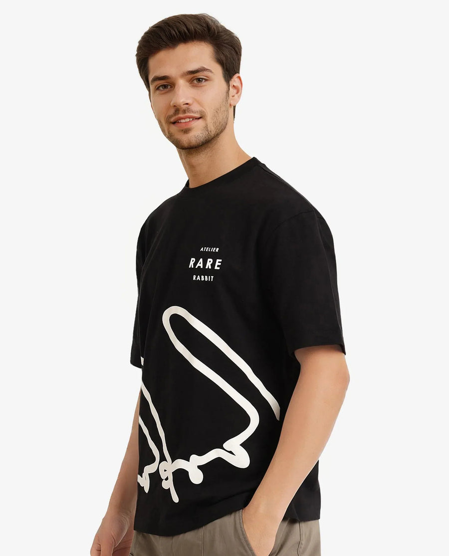 Rare Rabbit Men's Ther Black Cotton Graphic Print Oversized Fit Half Sleeve Crew Neck T-Shirt