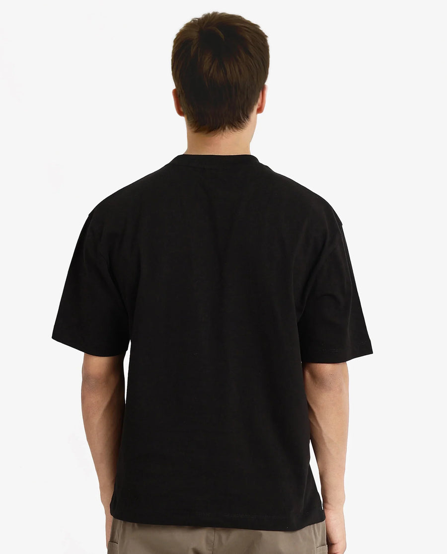 Rare Rabbit Men's Ther Black Cotton Graphic Print Oversized Fit Half Sleeve Crew Neck T-Shirt