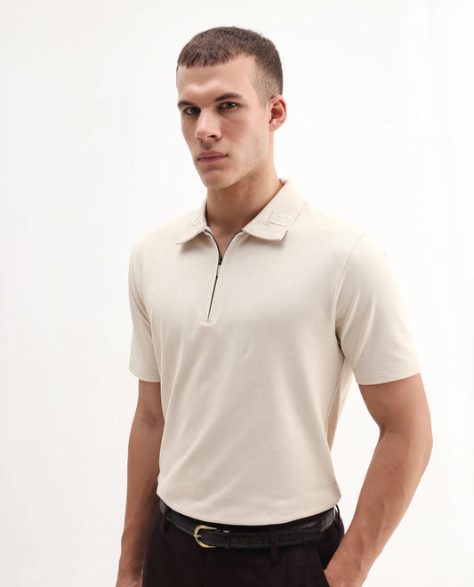 Rare Rabbit Men's Thero-25 Light Beige Cotton Blend Plain Regular Fit Half Sleeve Polo