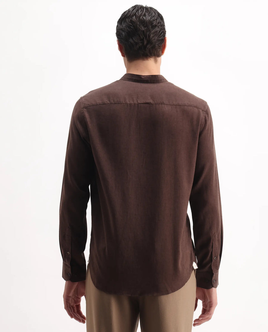 Rare Rabbit Men's Throne Ls 25 Dark Brown Linen Blend Plain Regular Fit Full Sleeve Mandarin Collar Shirt
