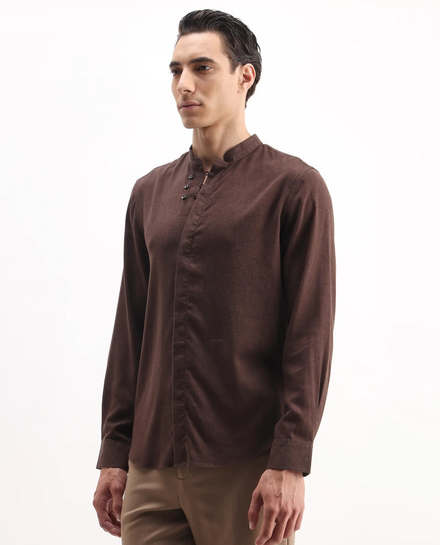 Rare Rabbit Men's Throne 25 Brown Lyocell Plain Regular Fit Full Sleeve Mandarin Collar Shirt