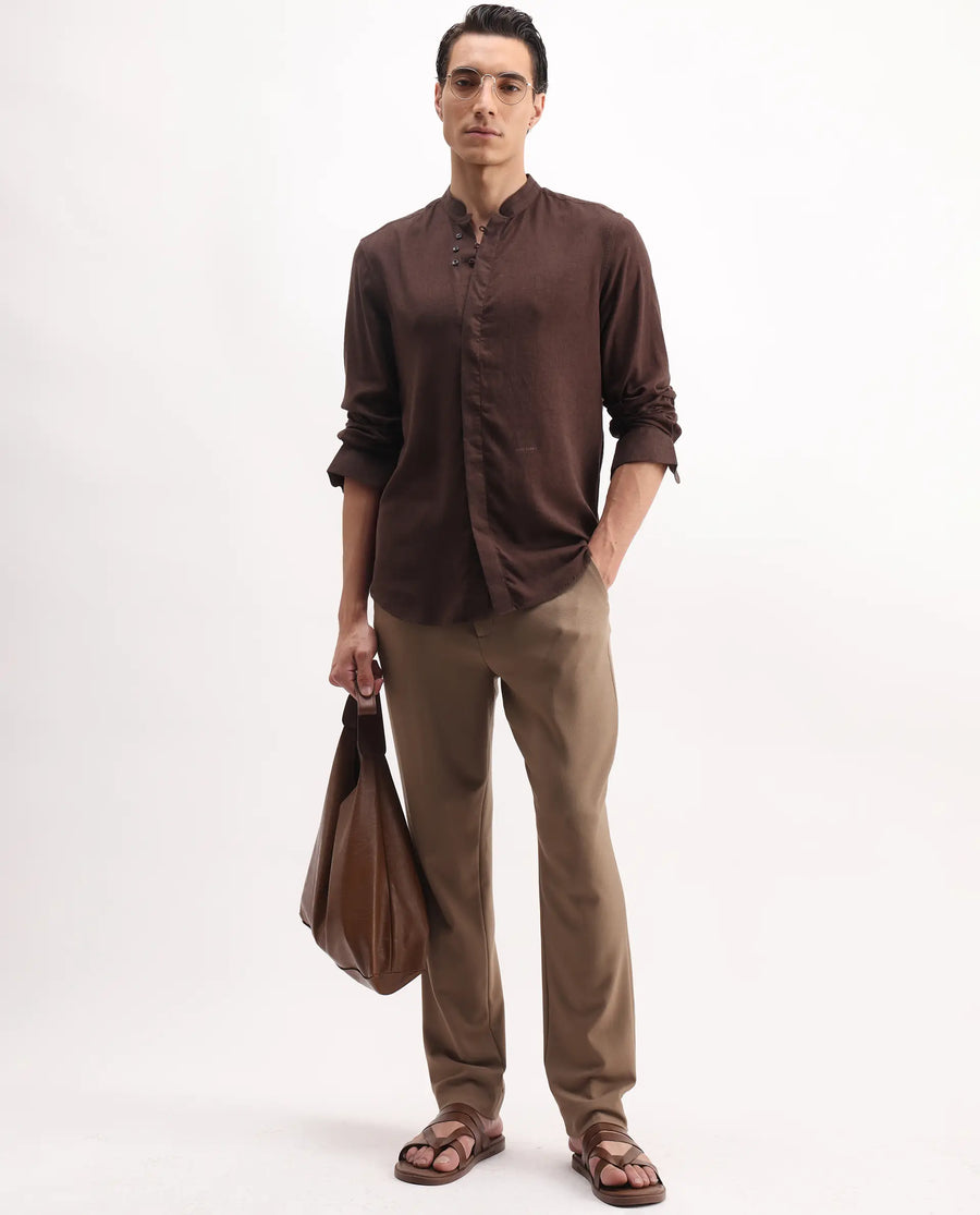Rare Rabbit Men's Throne 25 Brown Lyocell Plain Regular Fit Full Sleeve Mandarin Collar Shirt