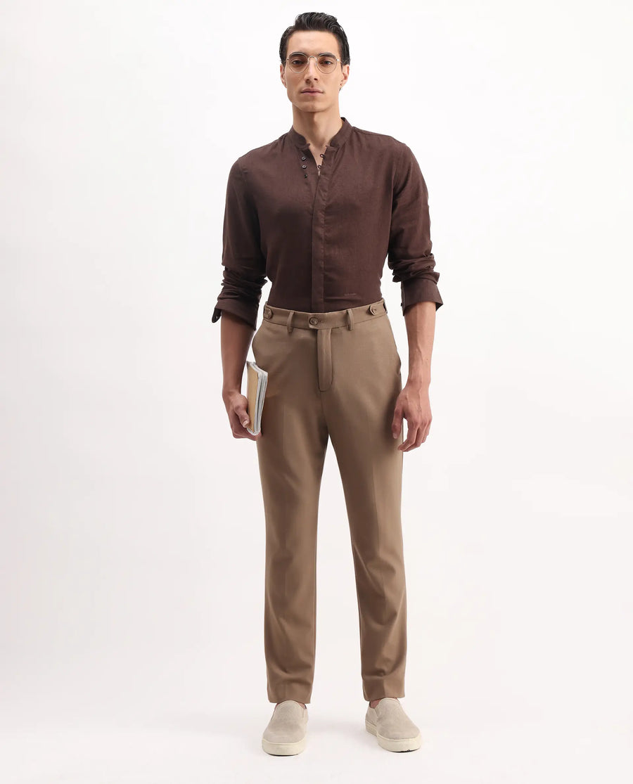 Rare Rabbit Men's Throne 25 Brown Lyocell Plain Regular Fit Full Sleeve Mandarin Collar Shirt