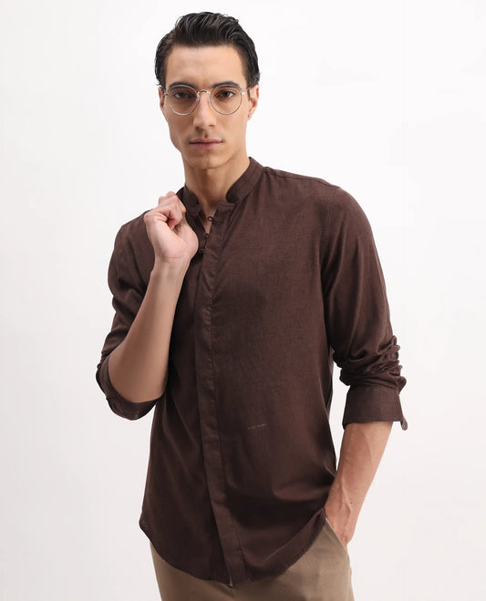 Rare Rabbit Men's Throne Ls 25 Dark Brown Linen Blend Plain Regular Fit Full Sleeve Mandarin Collar Shirt